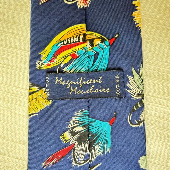 Magnificent Mouchoirs Fly Fishing Neck Tie Blue 100% Silk - Picture 3 of 6